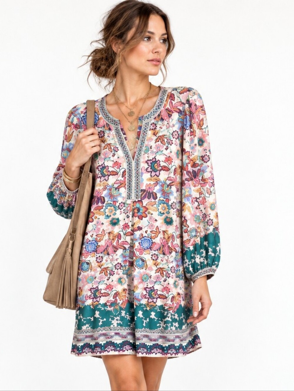 Hale Bob Dress Floral Jersey Long Sleeve Teal Accents